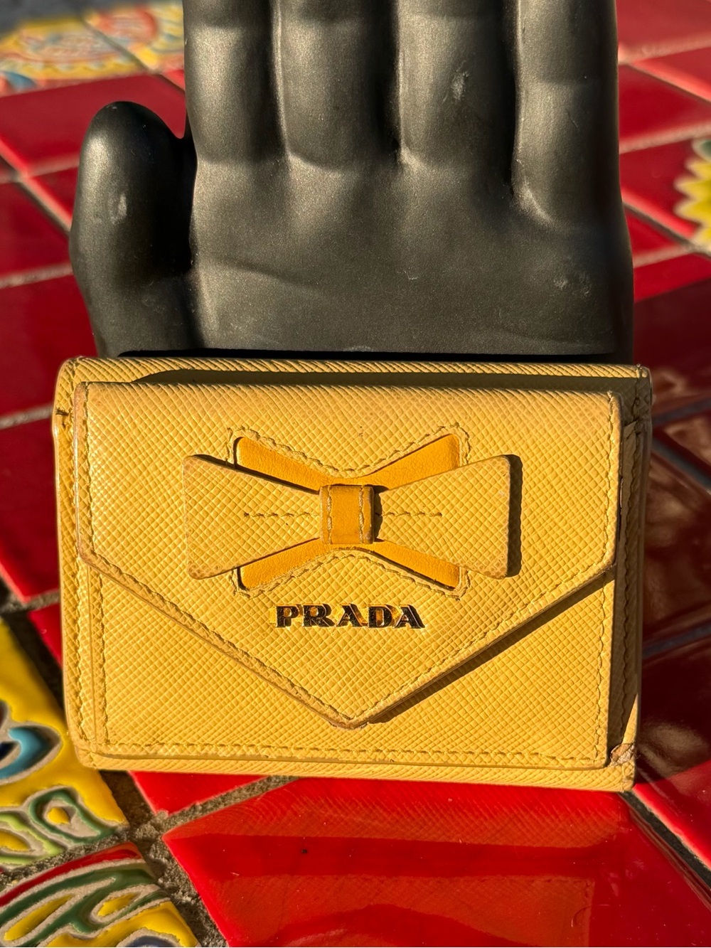Prada Yellow Saffiano Leather Compact wallet with Bow Detail